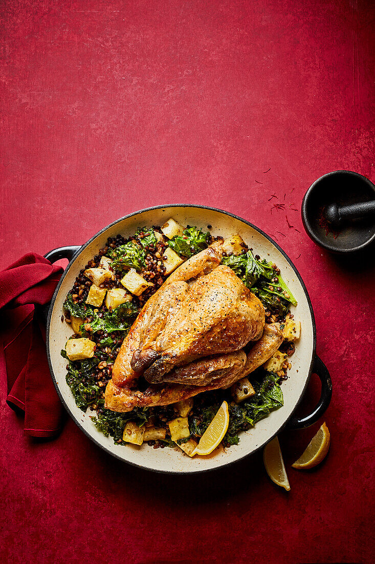 Saffron butter guinea fowl with celery root and vegetables