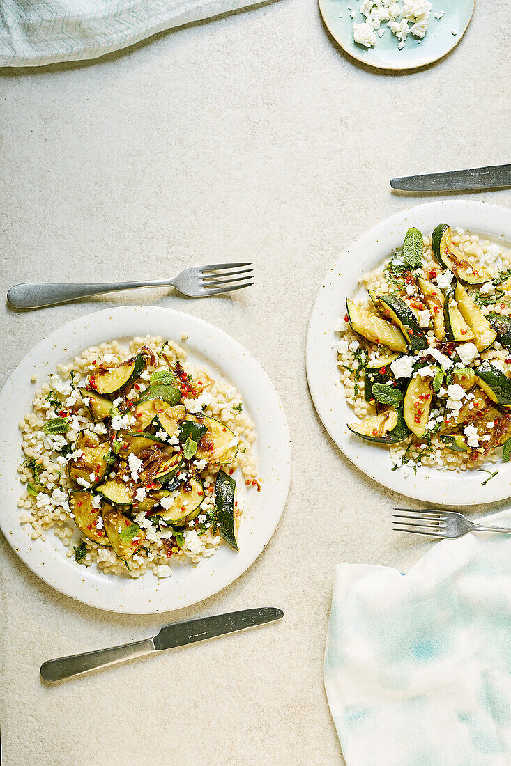Pearl couscous with zucchini, chilies and mint