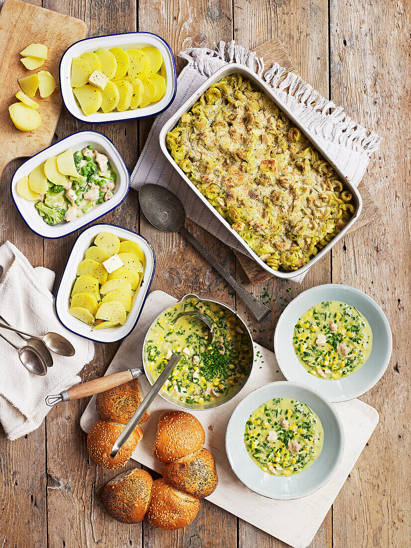 Creamy chicken and corn soup, potato and chicken gratin, chicken and noodle casserole