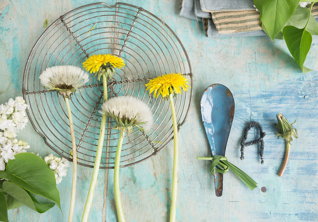 Blechlöffel mit Schleife aus Gras umwickelt, Fliederblüten (Syringa), Pusteblumen und Löwenzahnblüten (Taraxum), DIY-Buchstabe aus Schnur, Frühlingsdeko