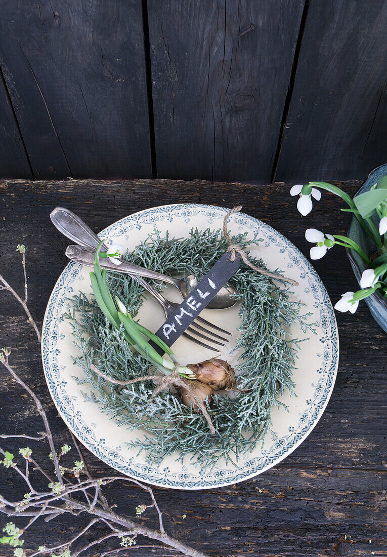 Gedeck mit Tischkärtchen und Kranz aus Zypresse, Schneeglöckchen (Galanthus) im Topf