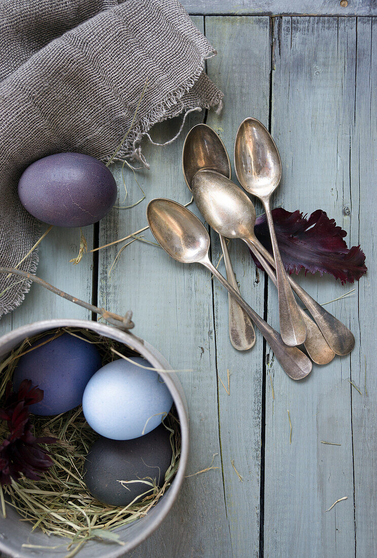 Arrangement mit Silberbesteck und Ostereiern, gefärbt mit Rotkohl und Rote Bete