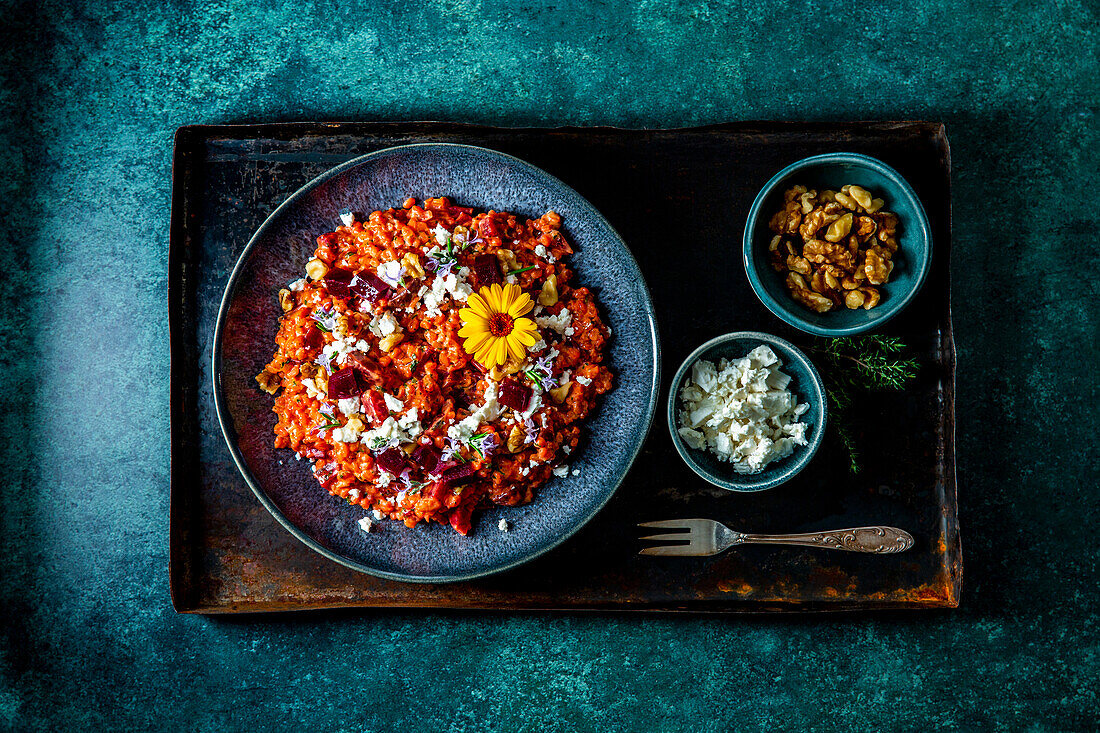 Beetroot and einkorn risotto with feta and walnuts