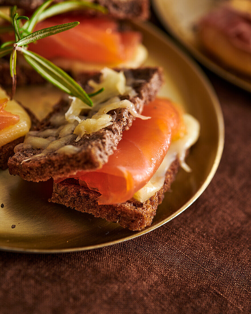 A slice of wholemeal bread topped with smoked salmon