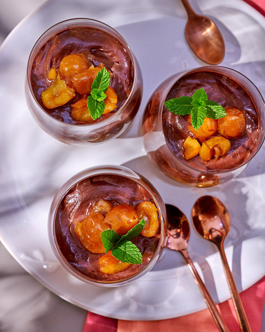 Chocolate mousse with roasted mirabelle plums