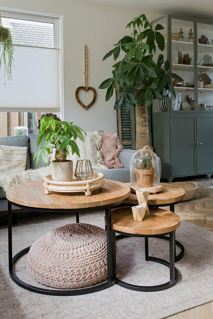 Living room with round wooden tables and houseplants