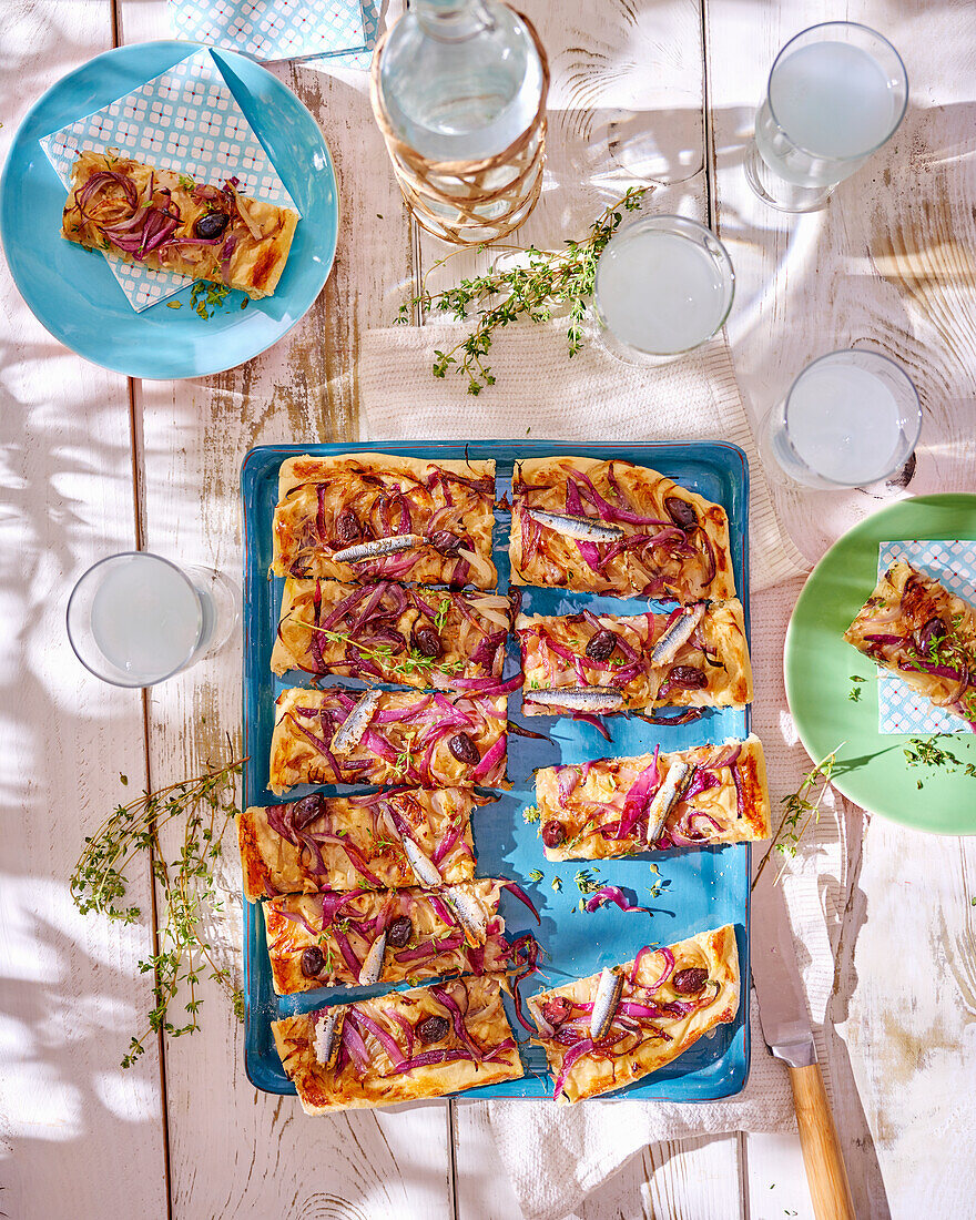 Pissaladiere with red onions and anchovies (France)