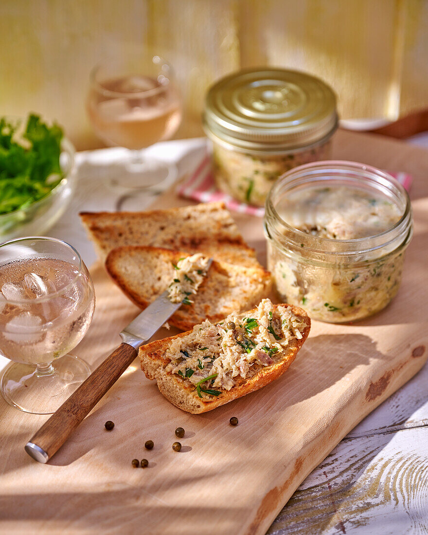 Chicken rillettes on toasted bread