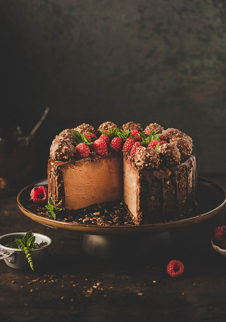 Ferrero Rocher cheesecake with raspberries