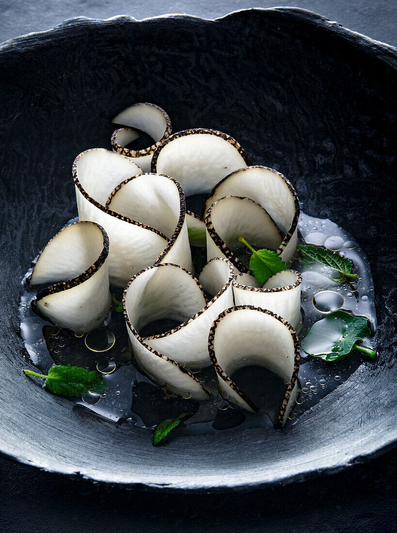 Black radish salad with mint and watercress