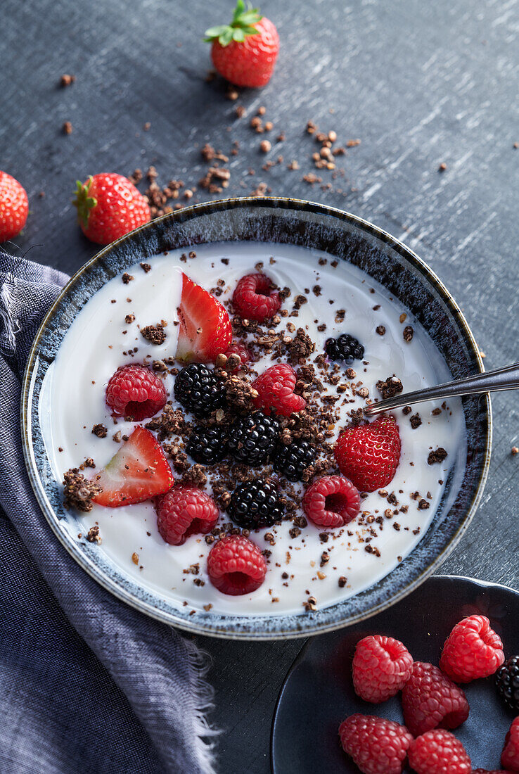 Joghurt-Bowl mit Beeren und Schokogranola