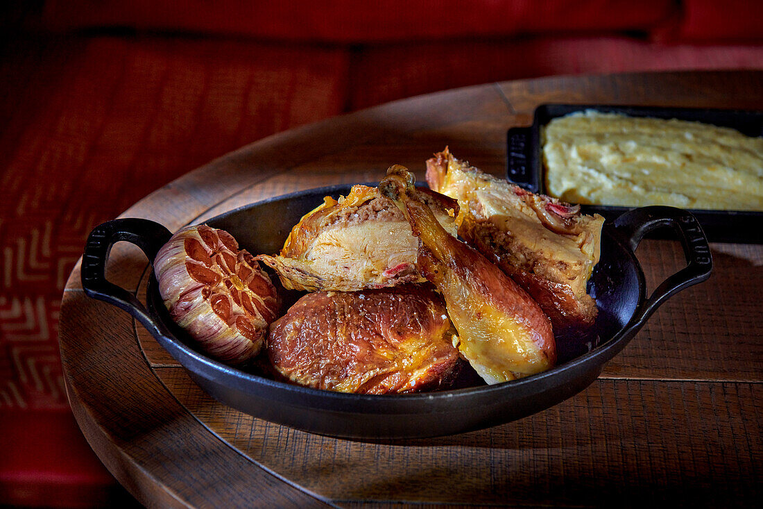 Poulet jaune des Landes (French roast chicken from the Landes region), stuffed under the skin