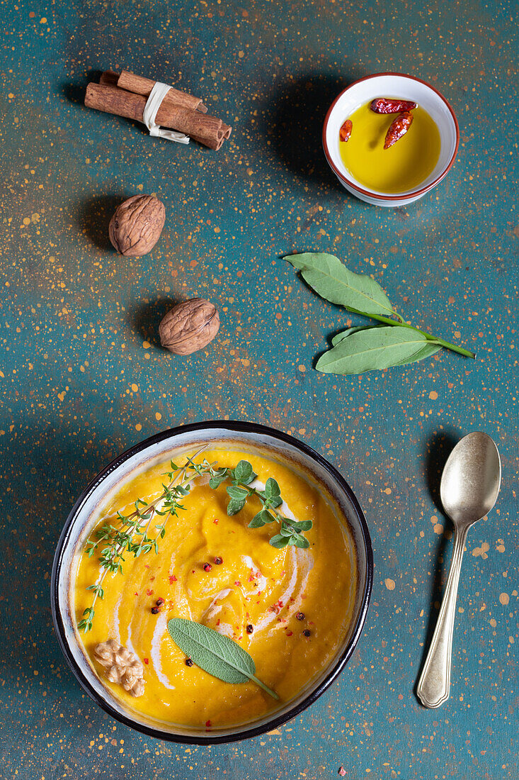 Creamy carrot and yogurt soup with cinnamon and ginger