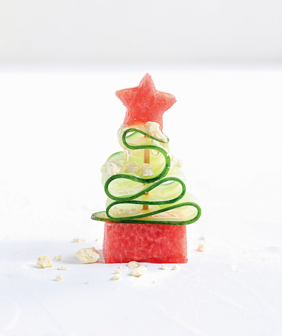 Christmas tree made from watermelon and cucumber