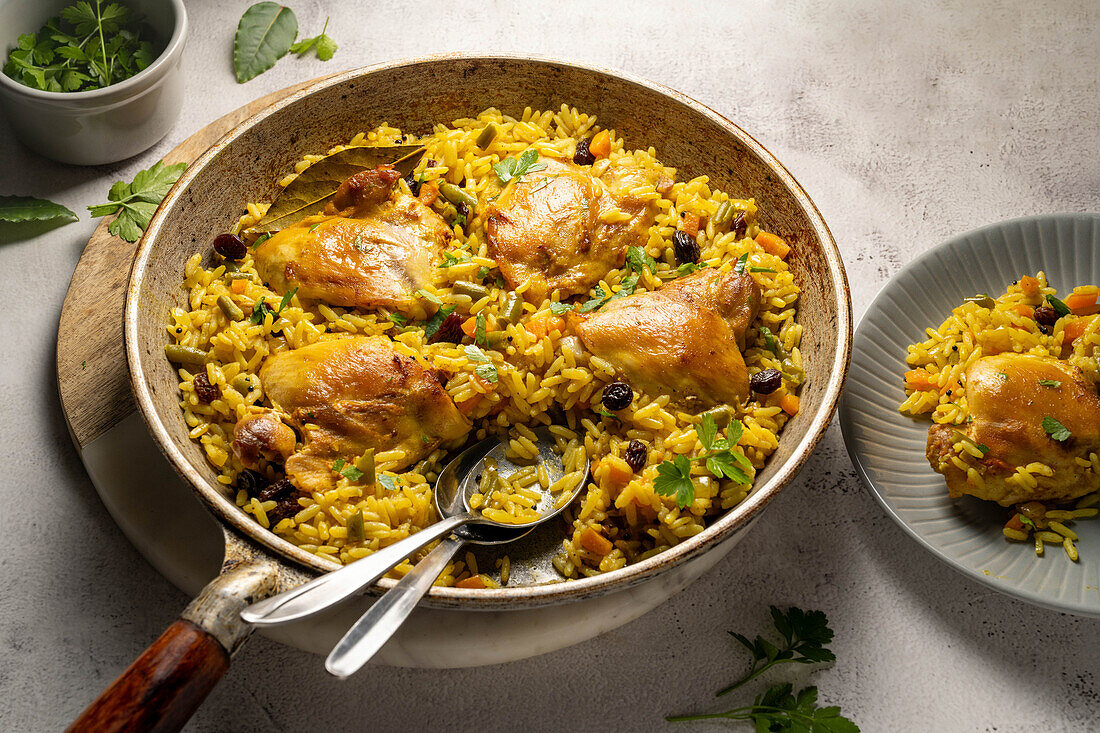 Turmeric rice with raisins and chicken thighs