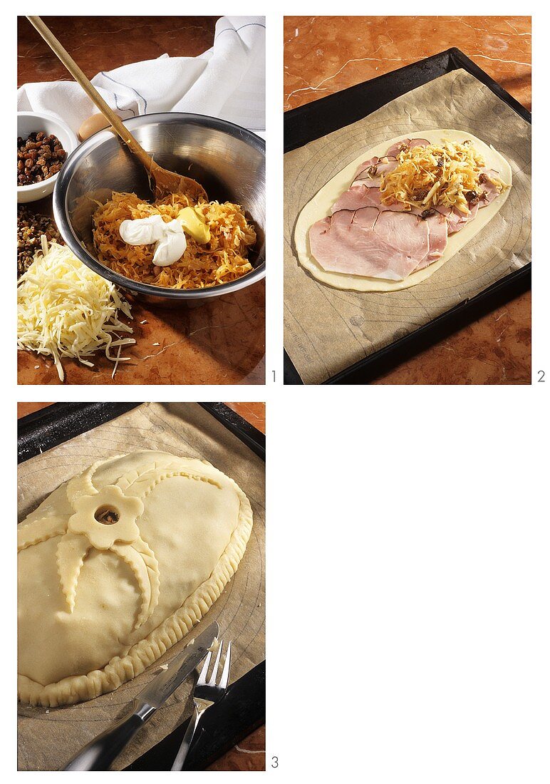 Making ham and sauerkraut pie