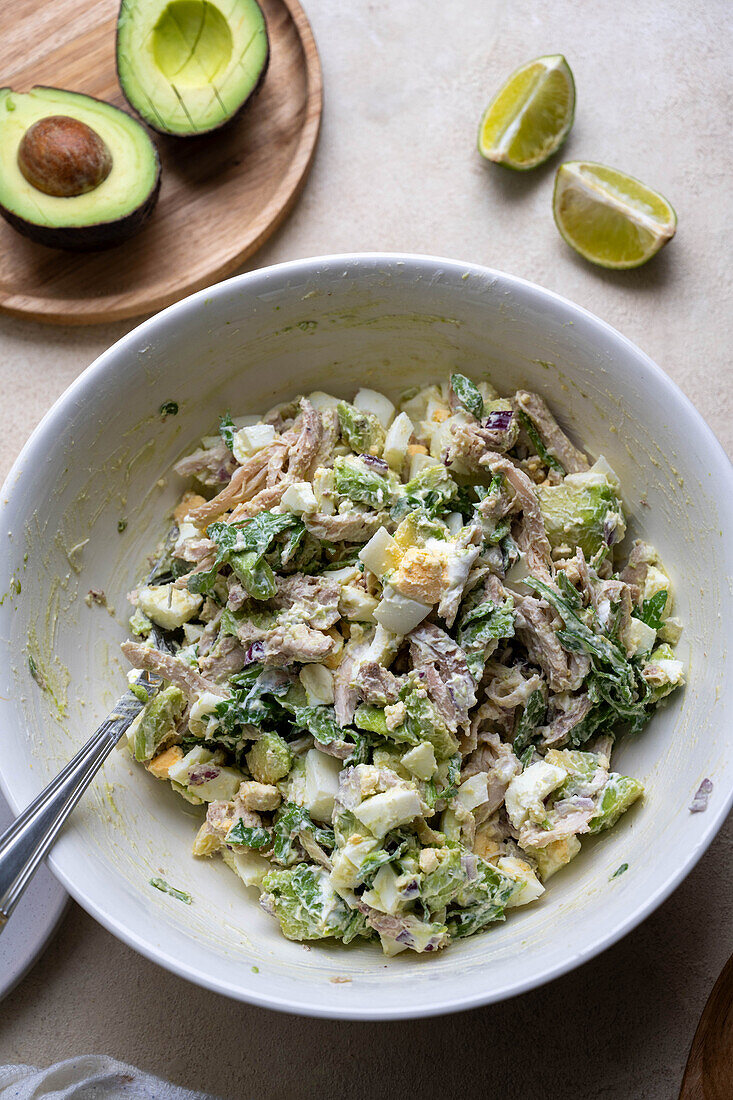 Keto chicken salad with avocado and eggs