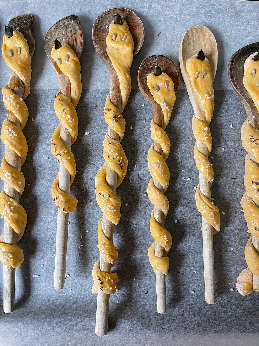 Snake-shaped pretzel sticks for Halloween