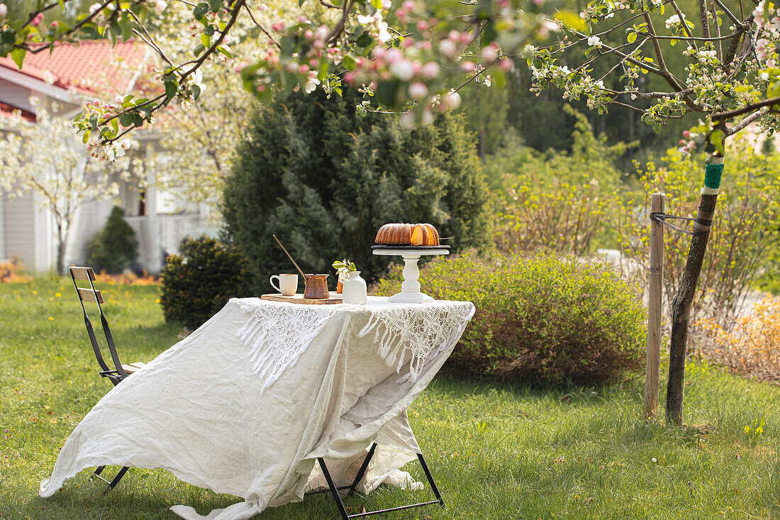 Gugelhupf und orientalisches Kaffeekännchen auf gedecktem Tisch im Frühlingsgarten