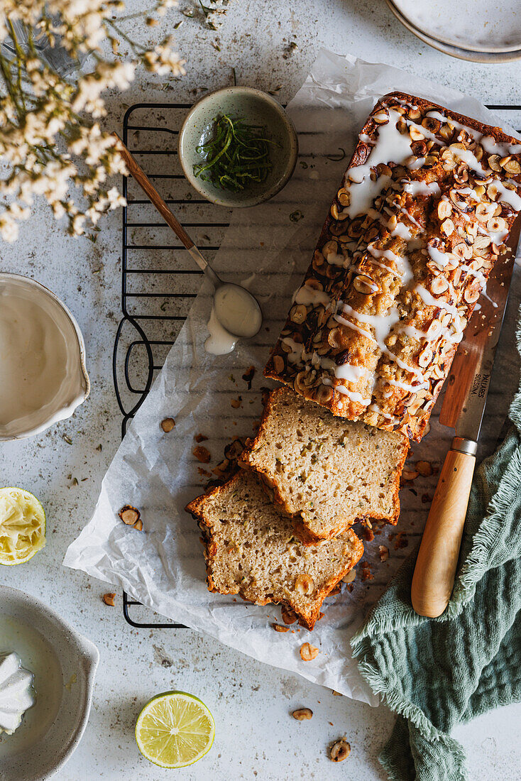 Zucchini bread with hazelnuts and lime icing