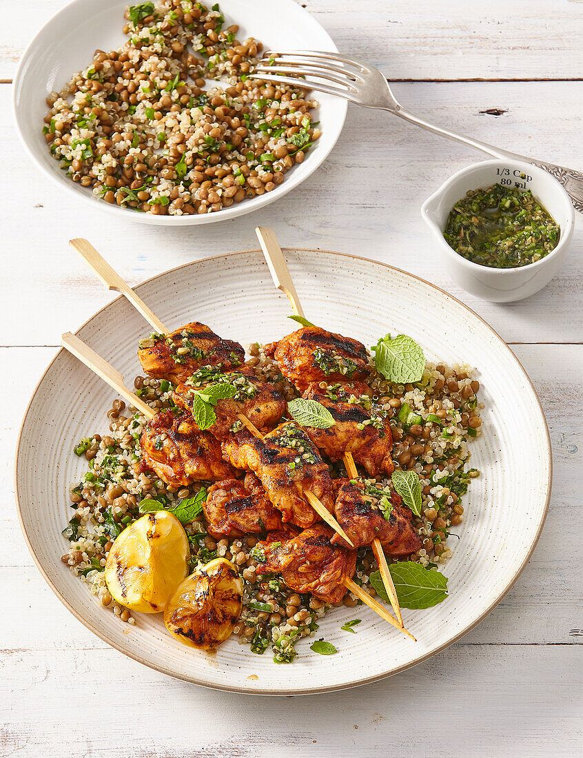 Chimichurri chicken skewers with quinoa salad