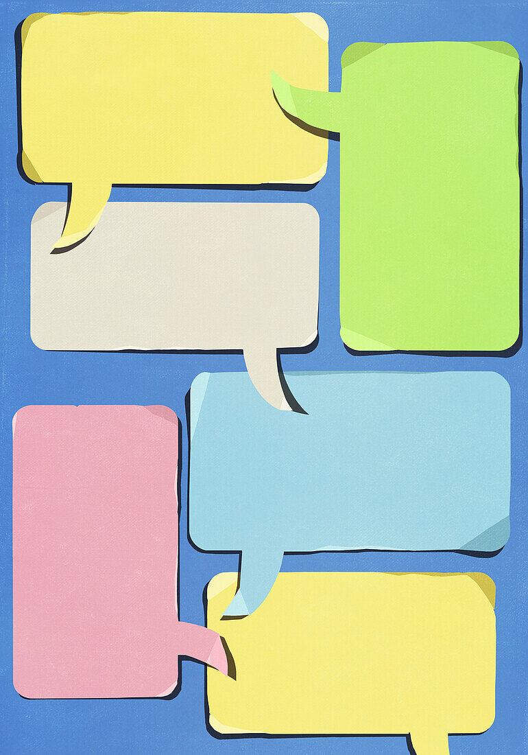Multicolored communication speech bubbles overlapping on blue background\n