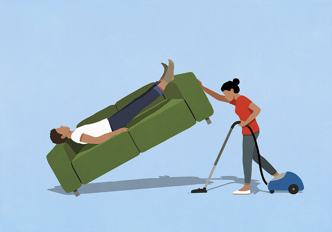 Wife vacuuming, lifting sofa with sleeping husband\n