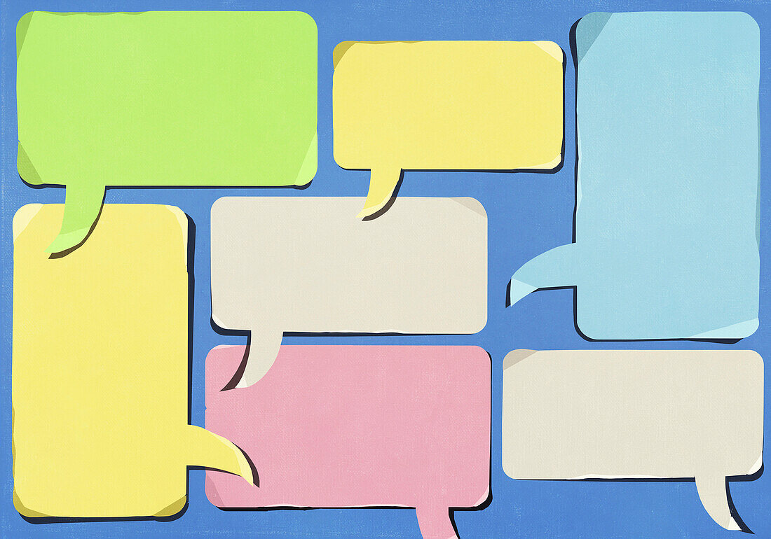Multicolored communication speech bubbles on blue background\n