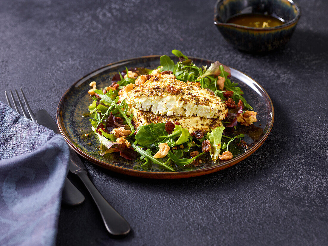 Gerösteter Feta mit grünem Pfeffer, Oregano und gemischtem Salat