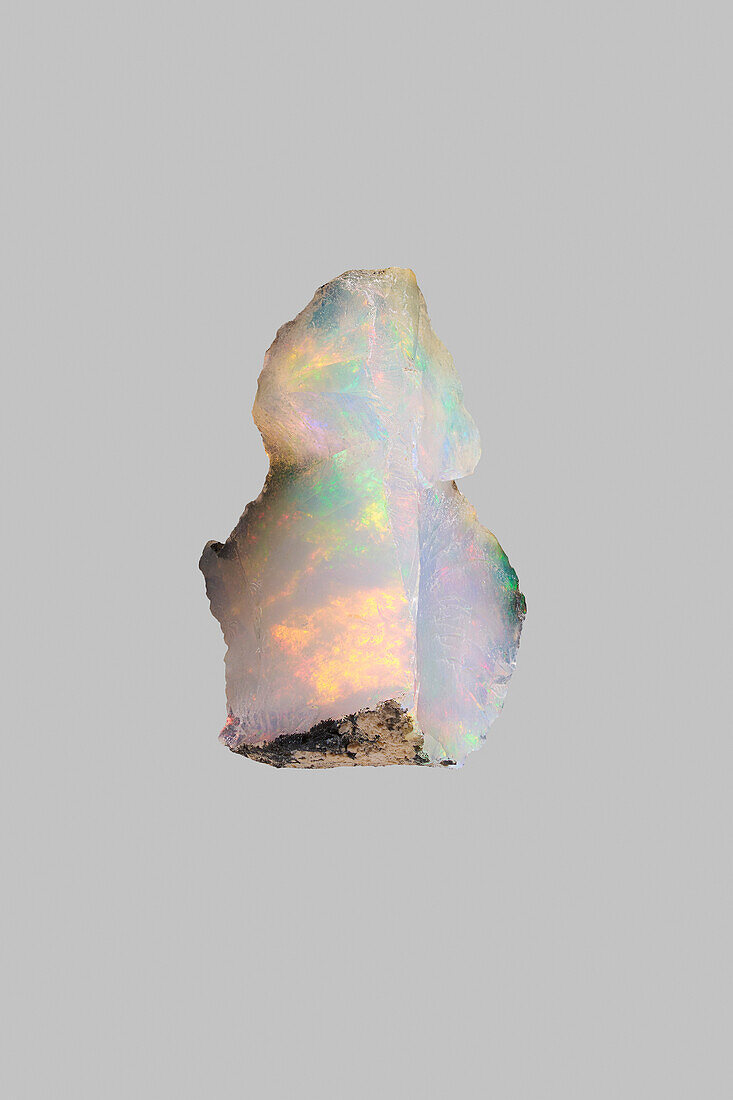 Nahaufnahme schillernder, mehrfarbiger Welo-Opal auf grauem Hintergrund