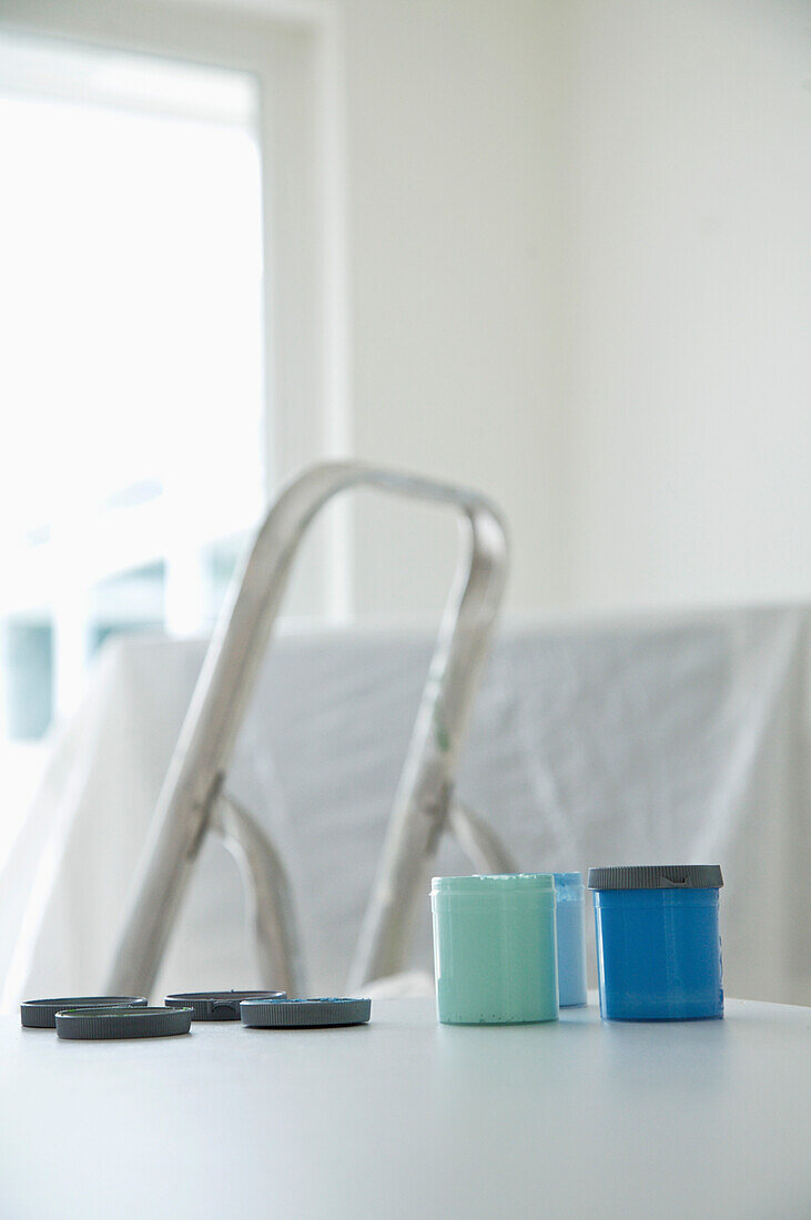 Blue paint and green paint testers with paint brush and ladder\n