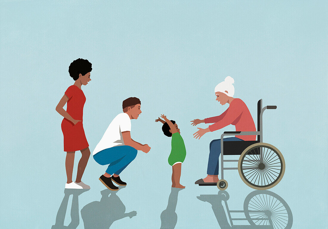 Familie beobachtet Großmutter im Rollstuhl, die nach ihrem kleinen Enkel greift