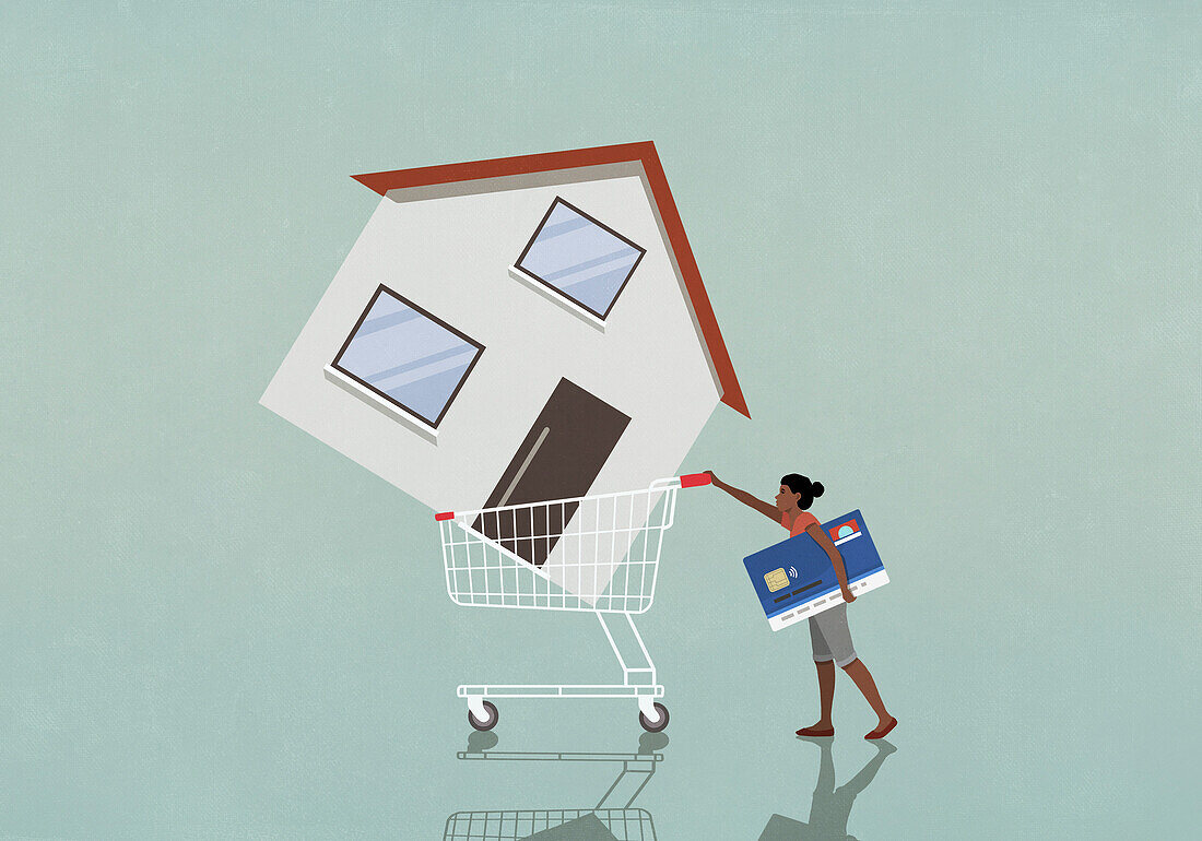 Woman with credit card pushing house in shopping cart\n