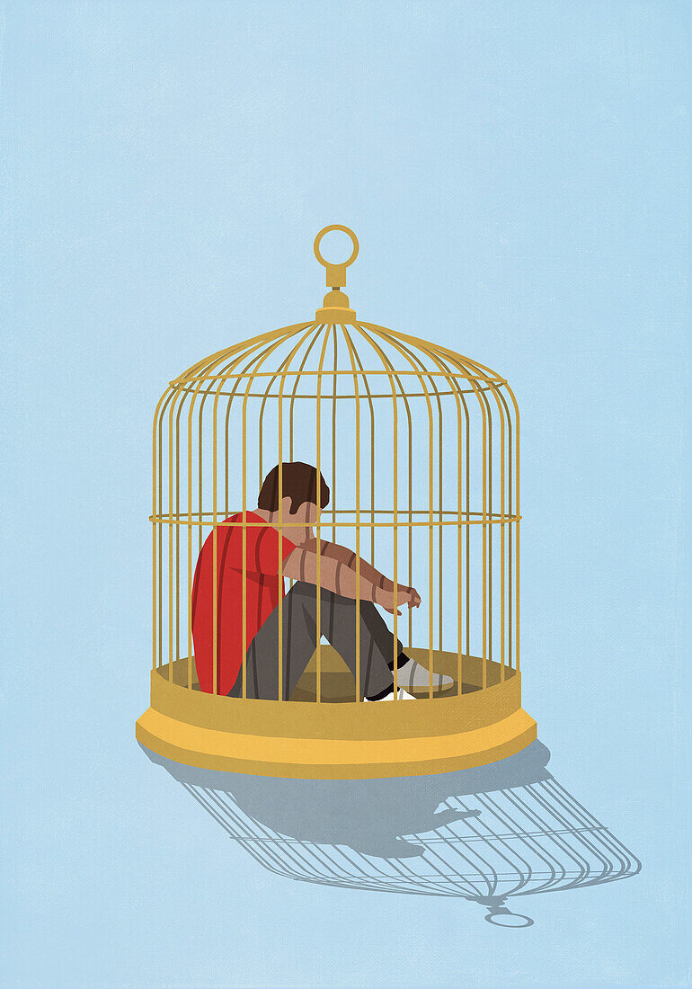 Frustrated man trapped in birdcage\n