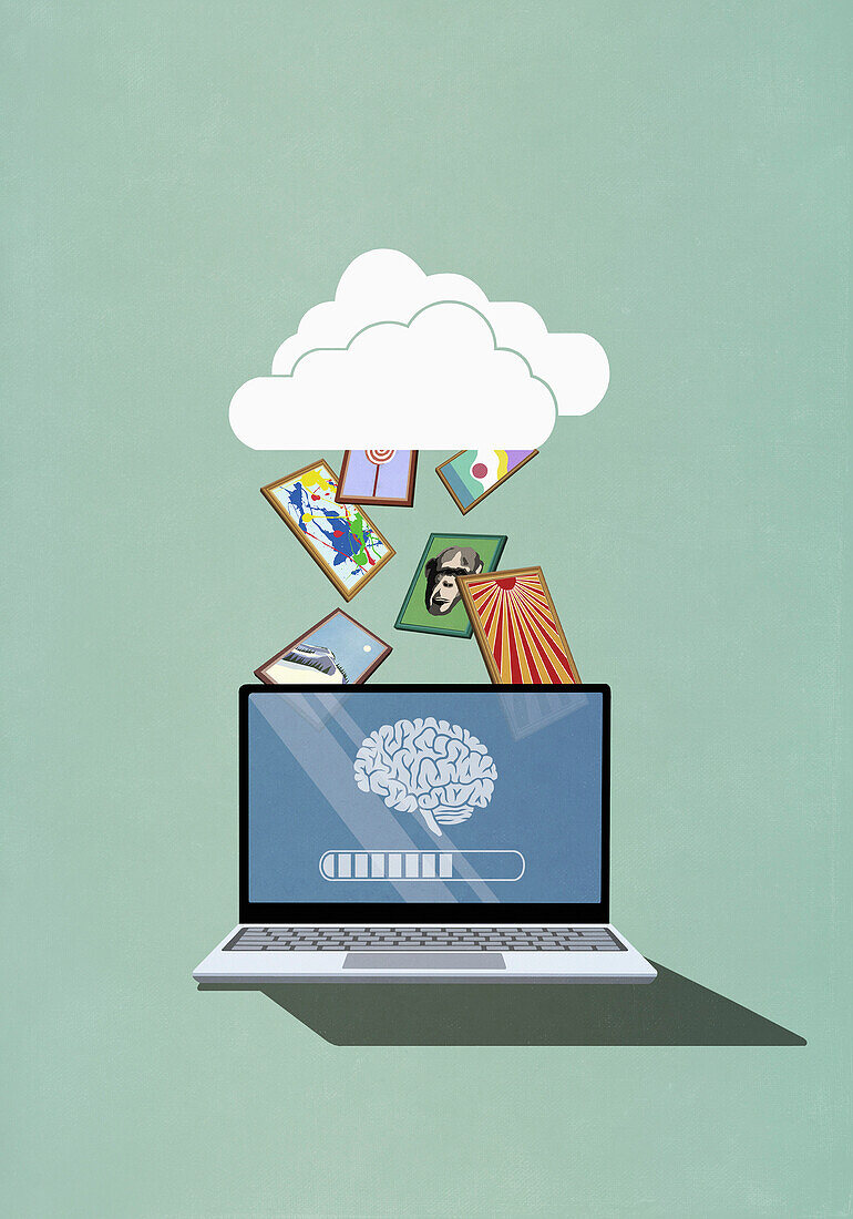 Gehirn auf dem Laptop-Bildschirm lädt Bilder aus der Cloud herunter
