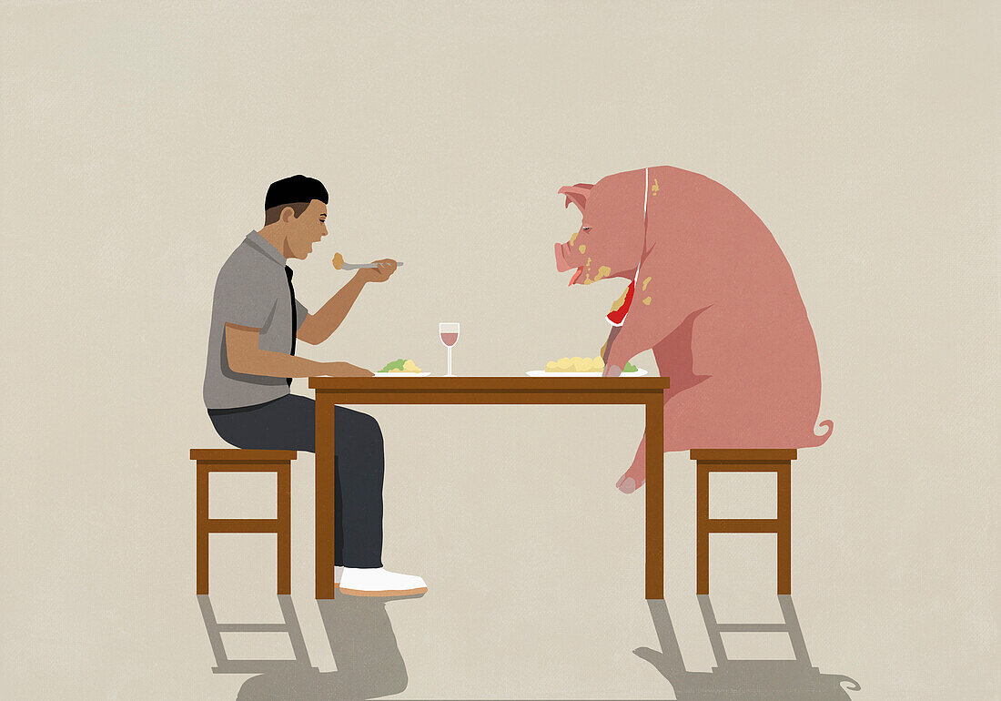 Man eating dinner with messy pig at dining table\n