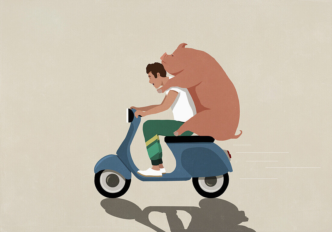 Mann und Trittbrettfahrerschwein fahren zusammen Motorroller