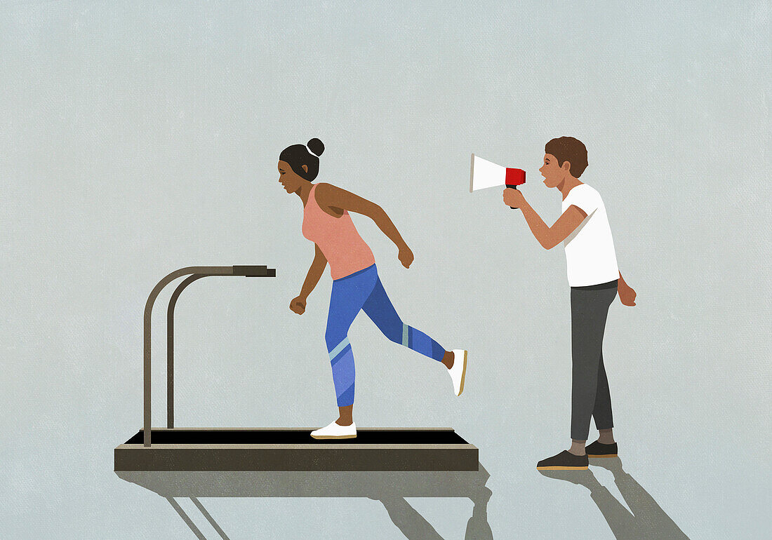 Man with megaphone yelling at woman jogging on treadmill\n