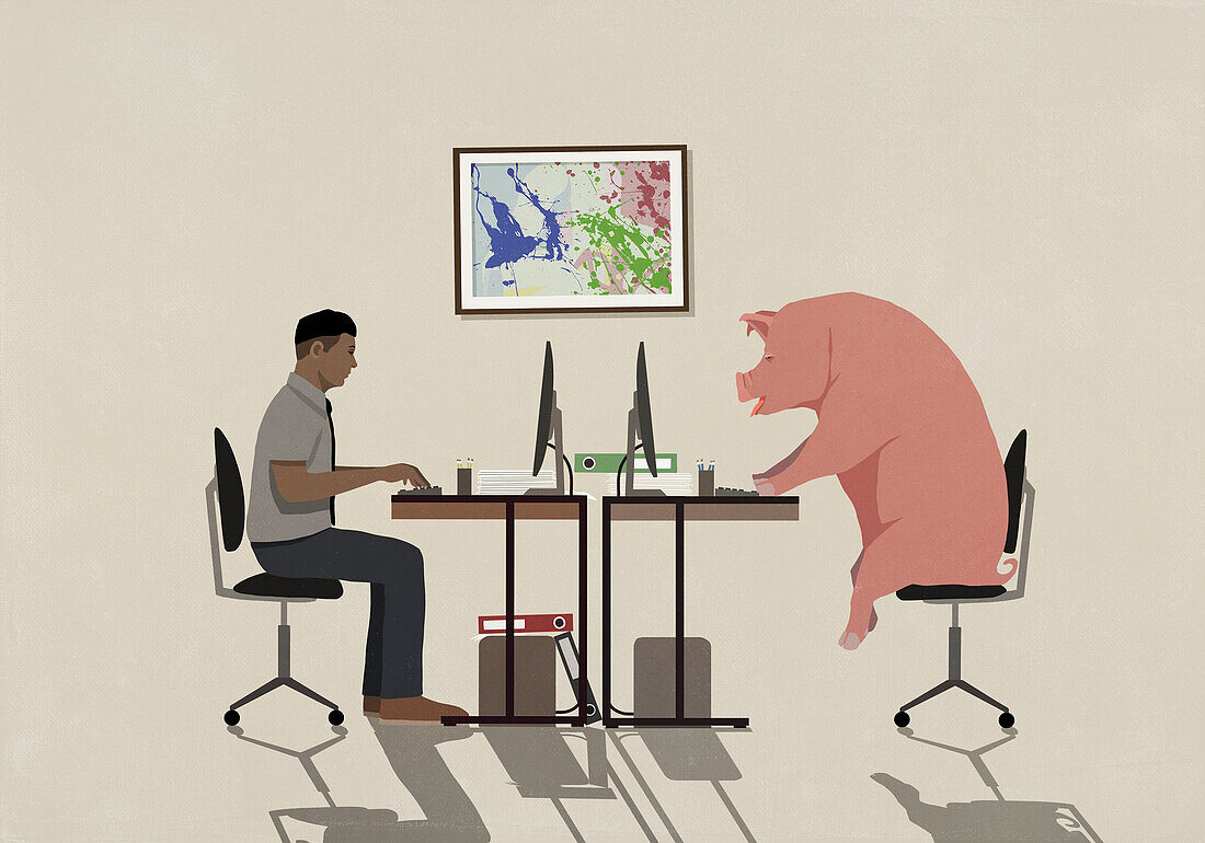Geschäftsmann und Schwein arbeiten an Computern im Büro