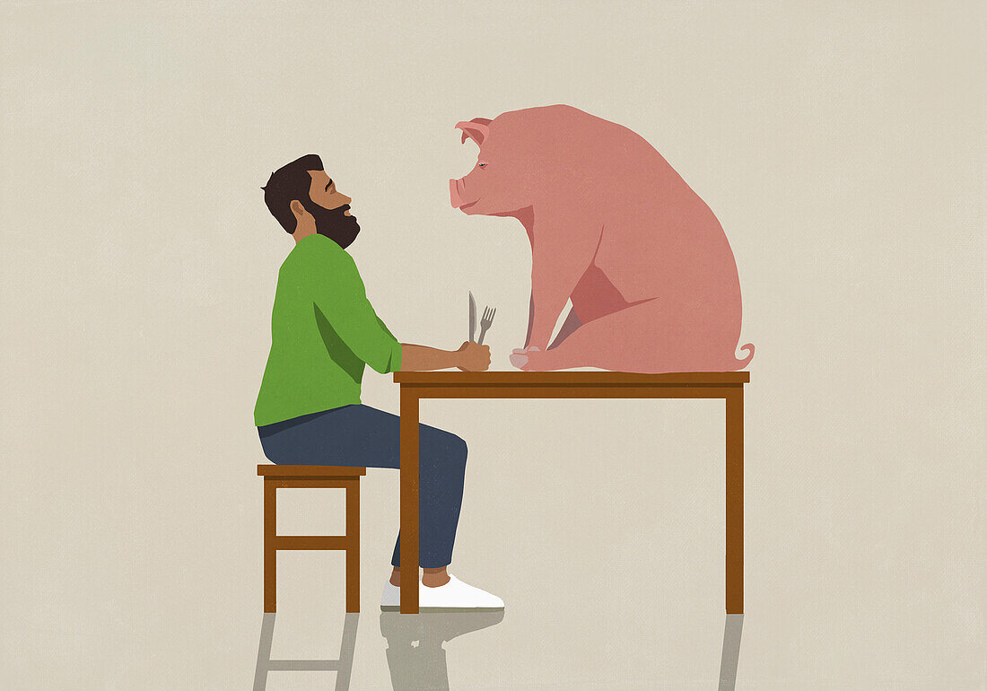 Mann mit Gabel und Messer starrt auf Schwein am Esstisch