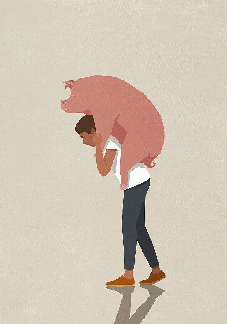 Tired man piggybacking freeloading pig\n