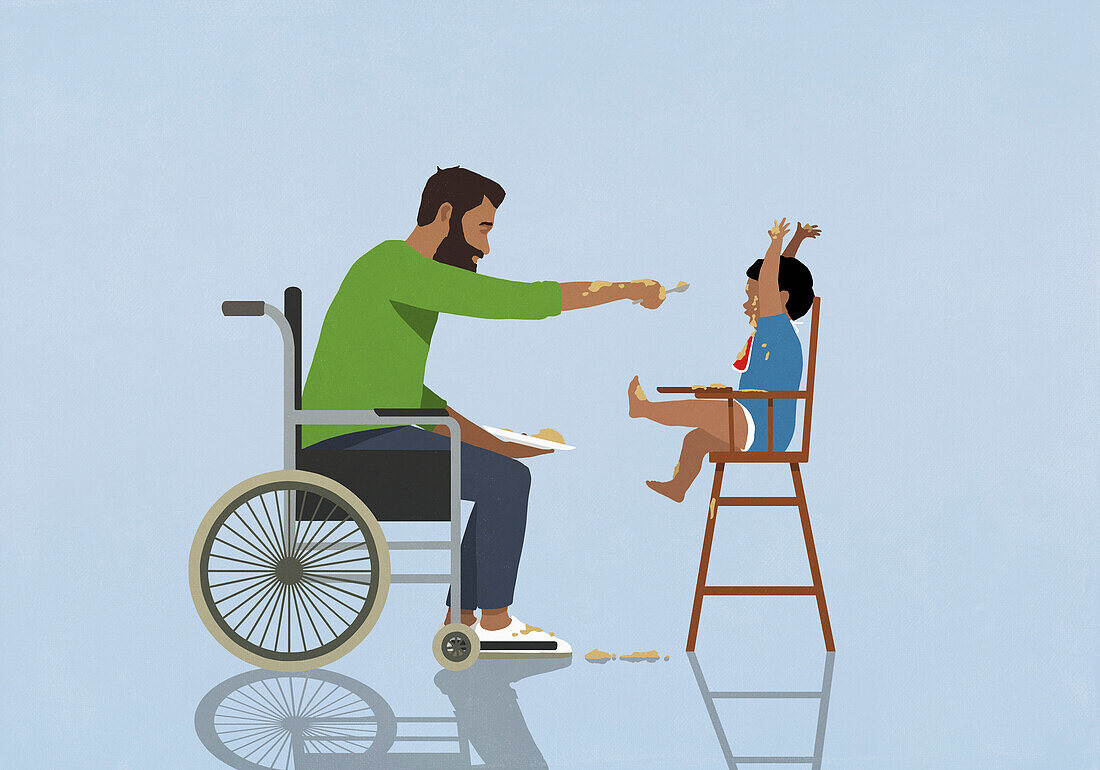 Father in wheelchair feeding messy baby in high chair\n