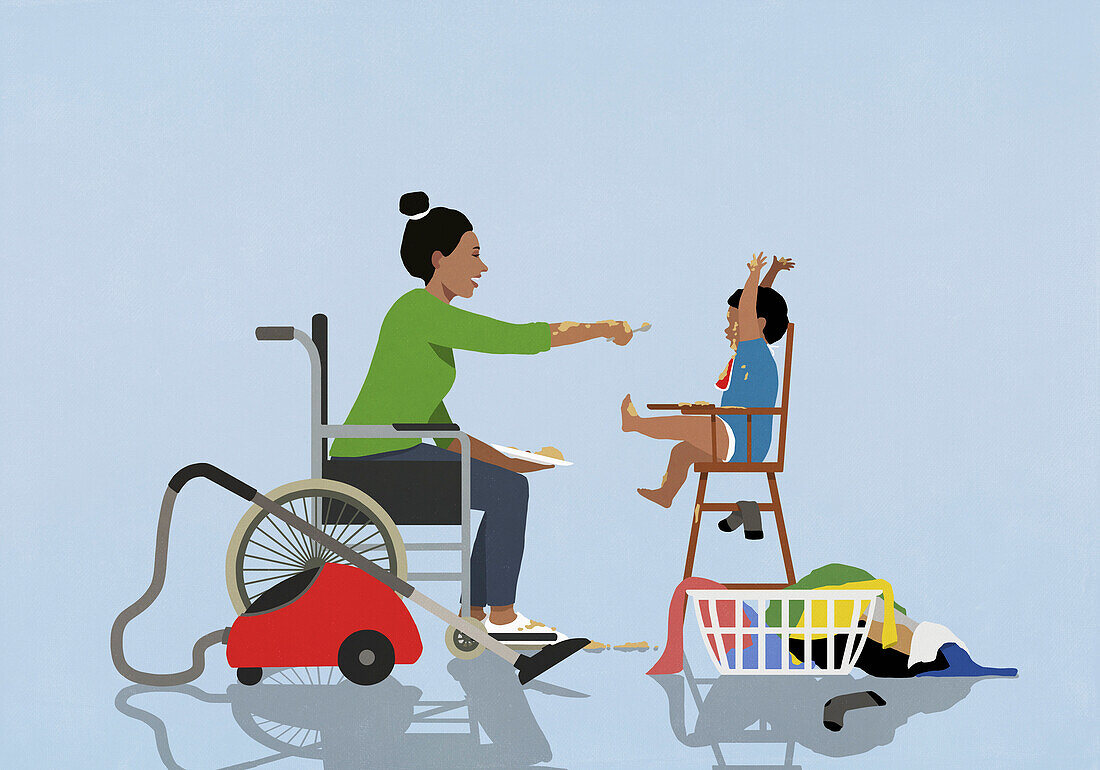 Mother taking a break from chores, feeding baby in high chair\n