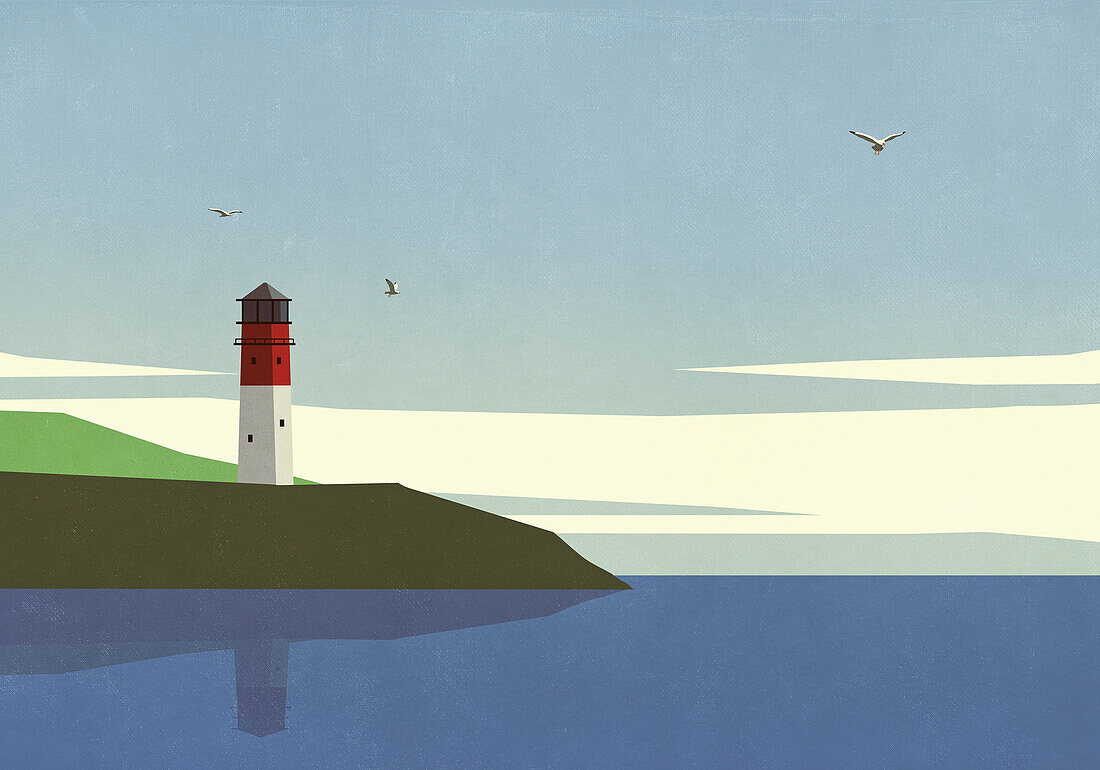 Seagulls flying around lighthouse and tranquil ocean\n