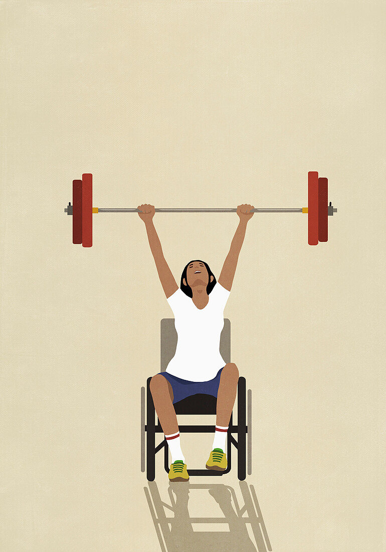 Happy, strong, determined woman in wheelchair weightlifting barbell overhead\n