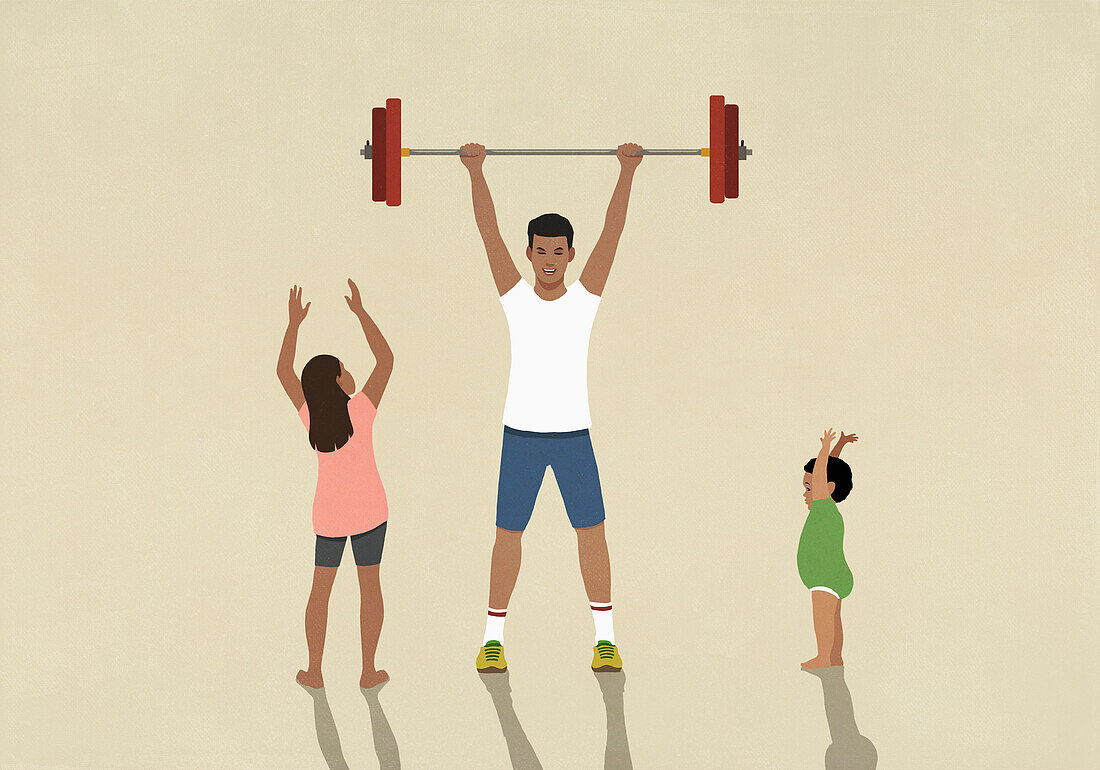 Supportive children cheering for strong father weightlifting barbell overhead\n