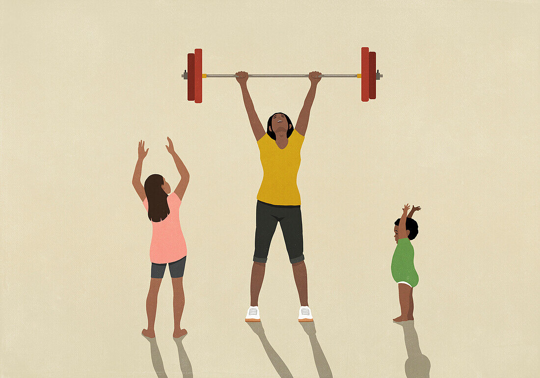 Kids cheering for strong mother weightlifting barbell overhead\n