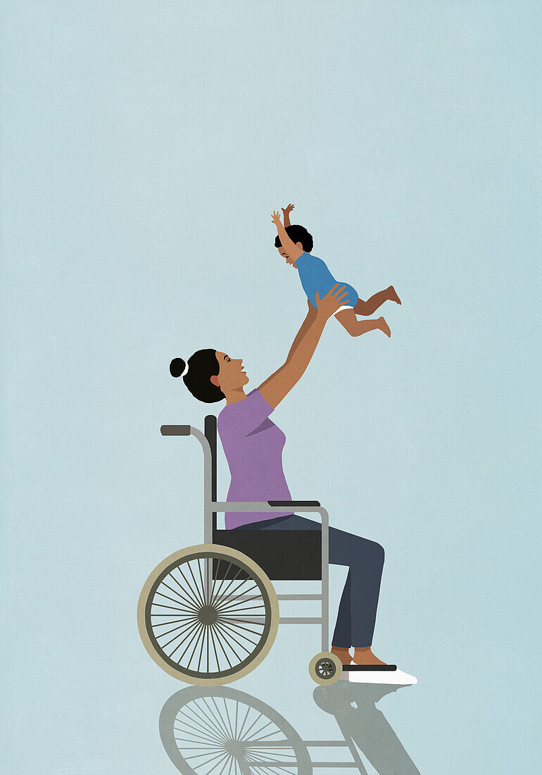 Happy mother in wheelchair playing, lifting baby son overhead\n