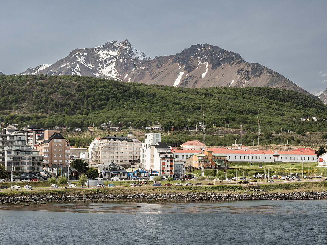 A view of the shoreline of Ushuaia in the Beagle Channel, Tierra del Fuego, Argentina, South America\n