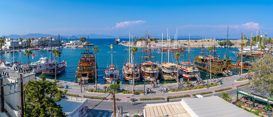 Elevated view of ships in Kos Harbour, Kos Town, Kos, Dodecanese, Greek Islands, Greece, Europe\n
